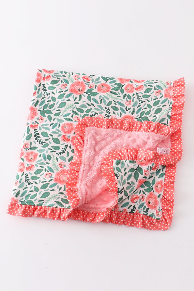 Pink Floral Ruffle Minky Baby Blanket