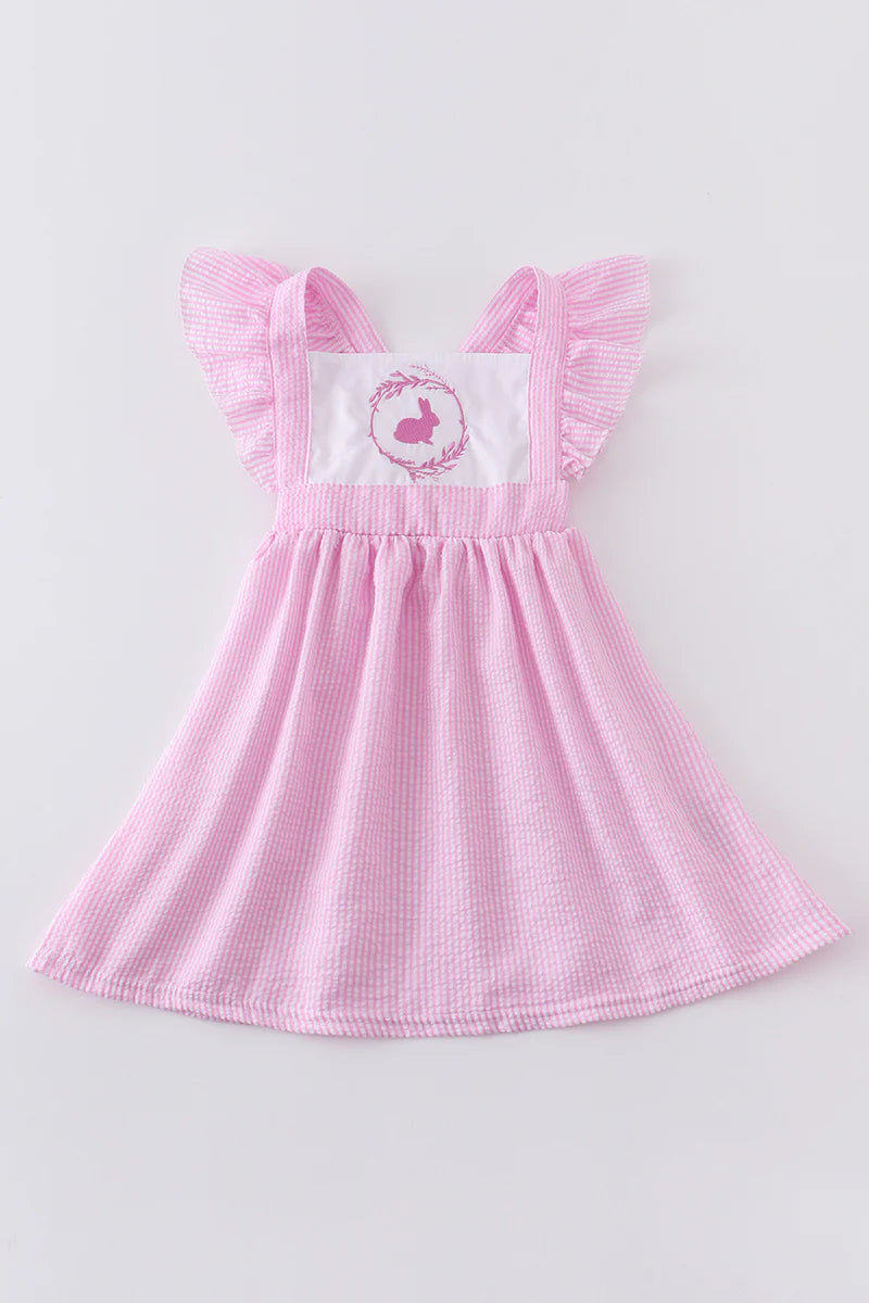 Pink Seersucker Bunny Applique Dress