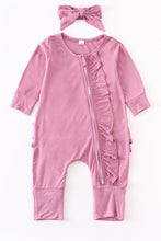 Load image into Gallery viewer, Mauve Pink Ruffle Bamboo Romper and Bow Set
