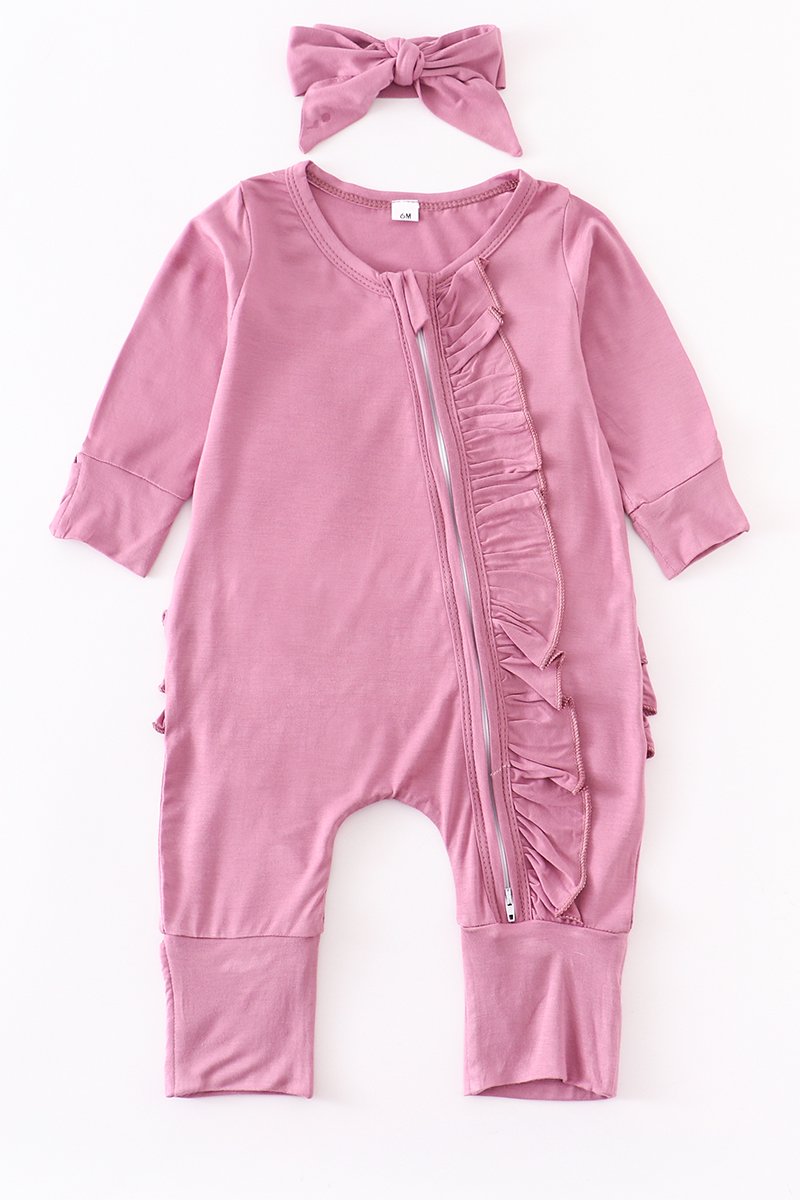 Mauve Pink Ruffle Bamboo Romper and Bow Set