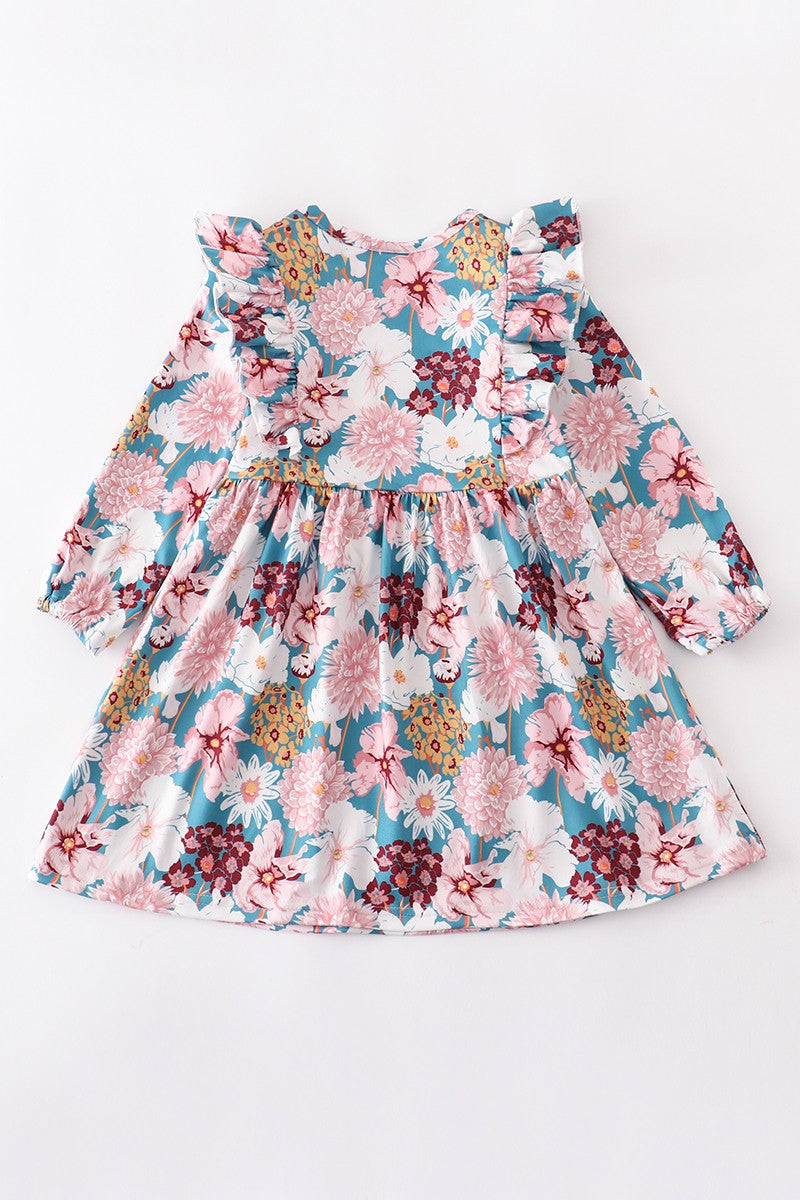 Pink Teal Floral Twirl Dress