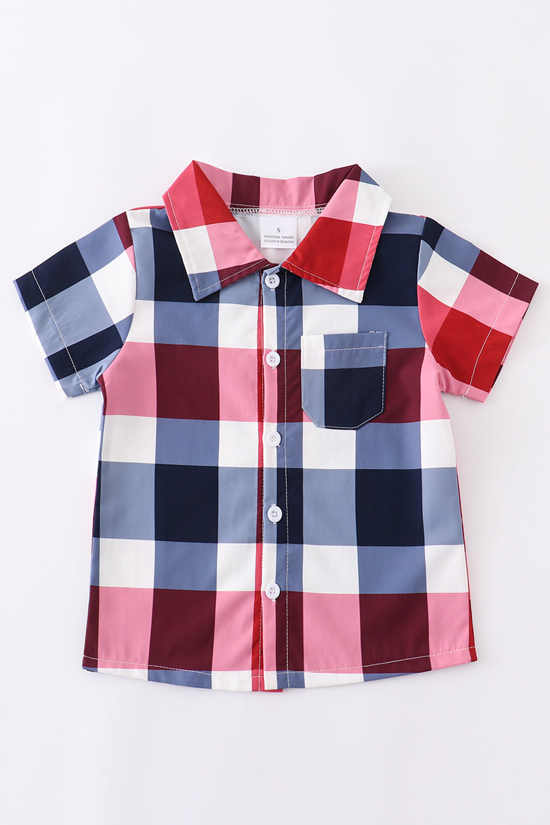 Boy's Red White and Blue Plaid Button Down