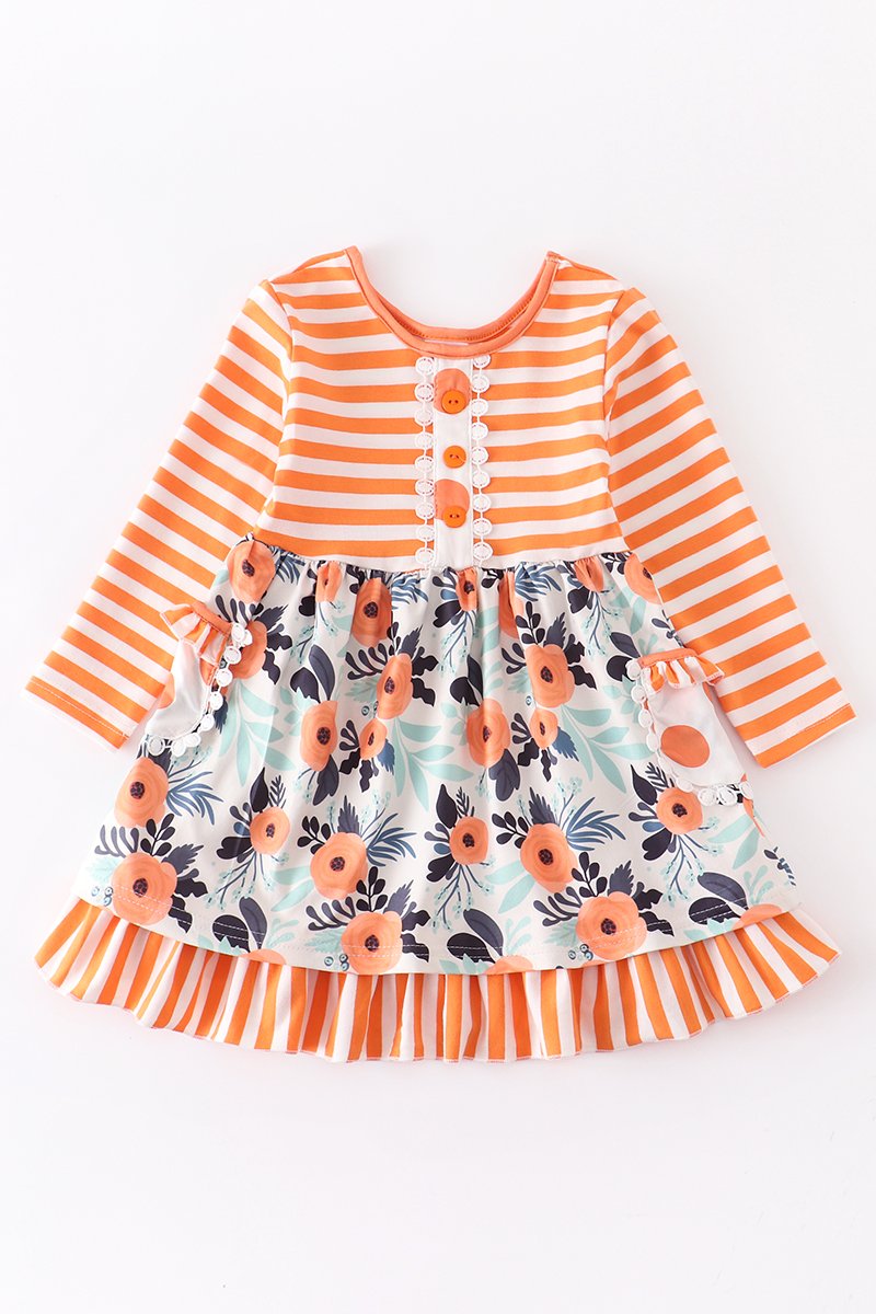 Orange Stripe Floral Ruffle Dress