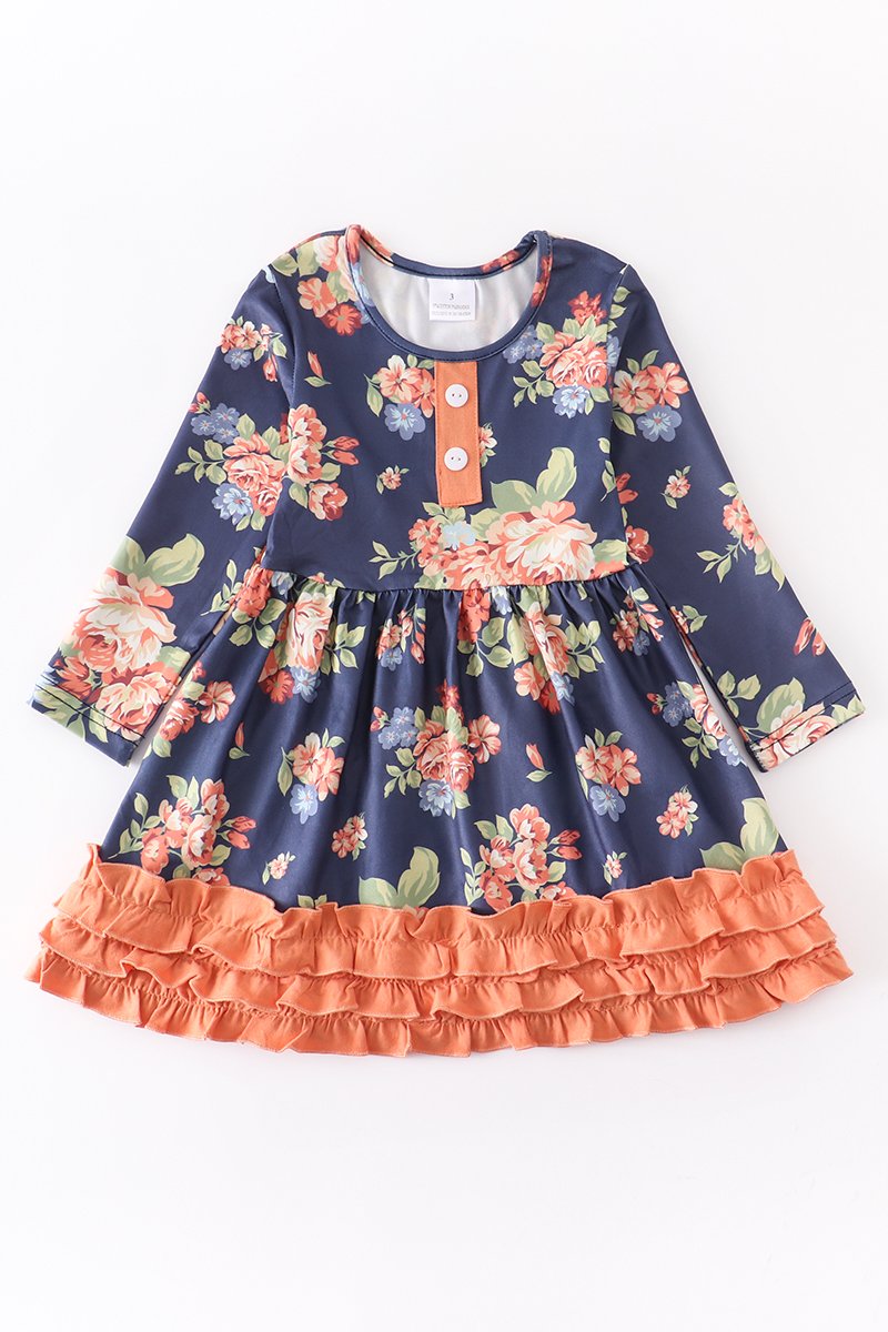 Navy Orange Floral Ruffle Dress