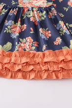 Load image into Gallery viewer, Navy Orange Floral Ruffle Dress
