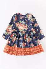 Load image into Gallery viewer, Navy Orange Floral Ruffle Dress
