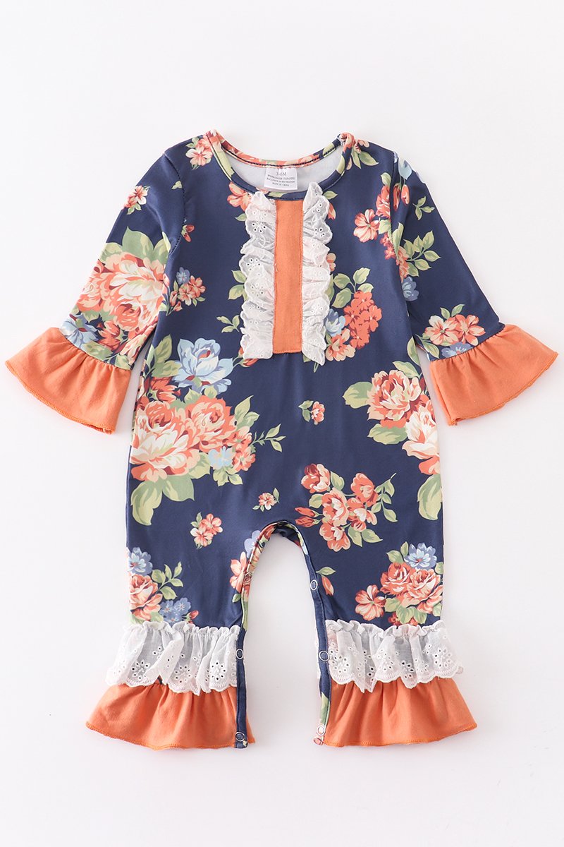 Navy Orange Floral Baby Romper