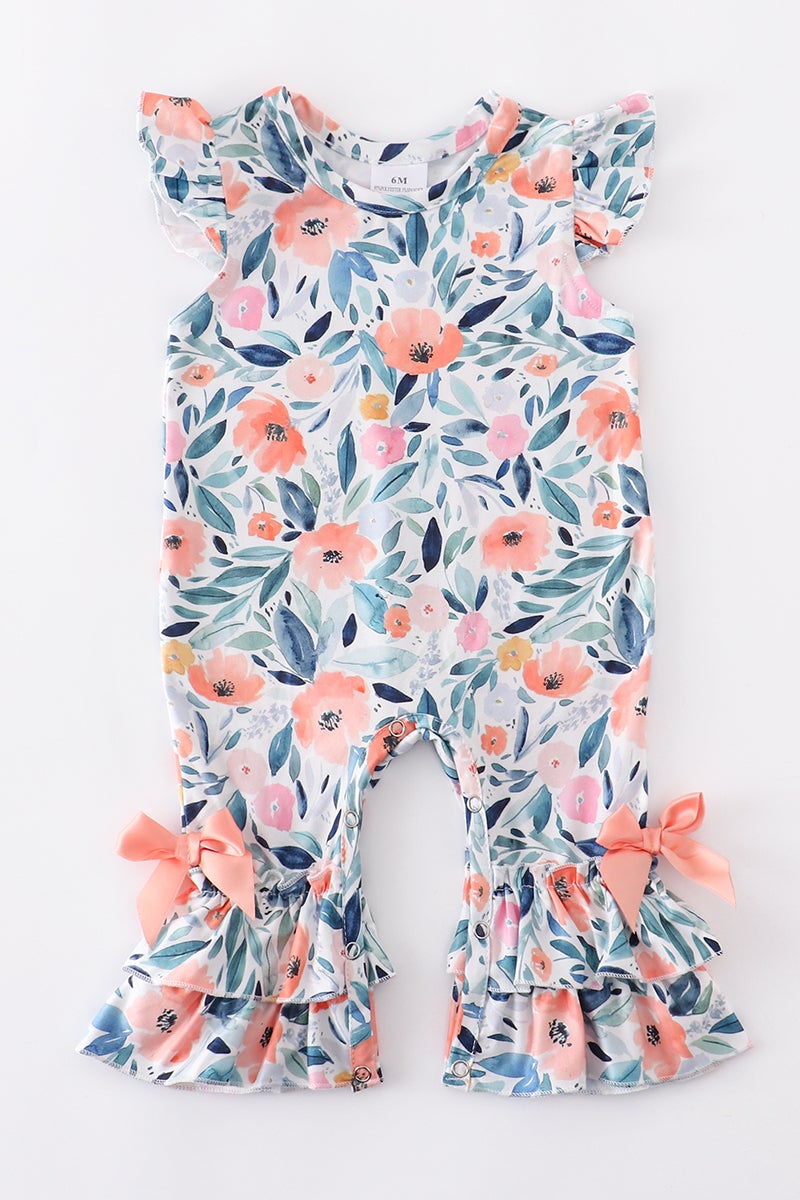 Coral Floral Ruffle Baby Romper