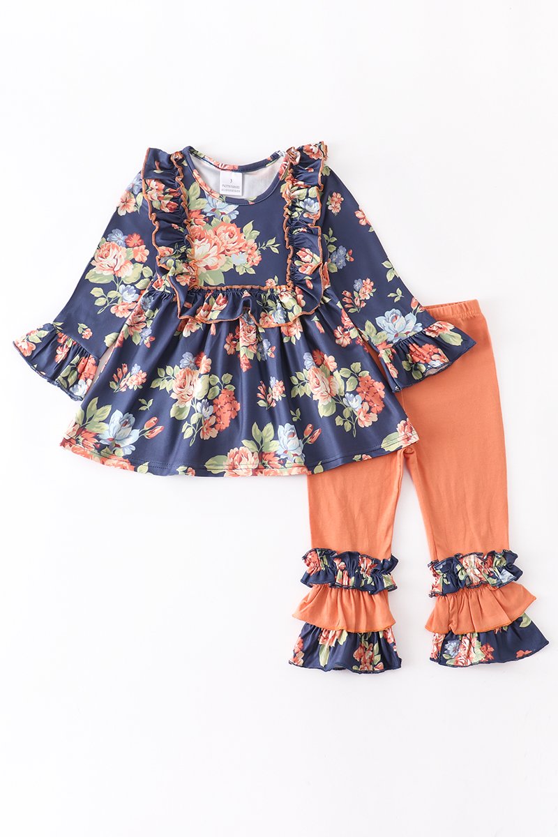 Navy Orange Floral Ruffle Pants Set