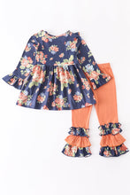 Load image into Gallery viewer, Navy Orange Floral Ruffle Pants Set
