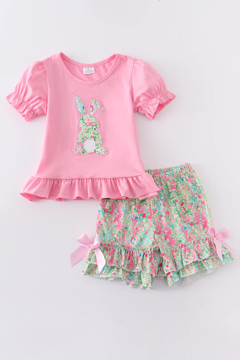 Pink and Green Bunny Applique Shorts Set