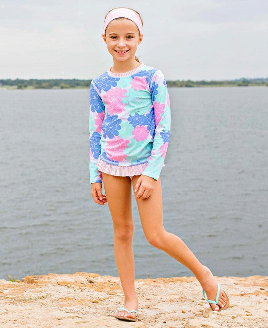 RuffleButts Pastel Petals Long Sleeve Rash Guard Bikini