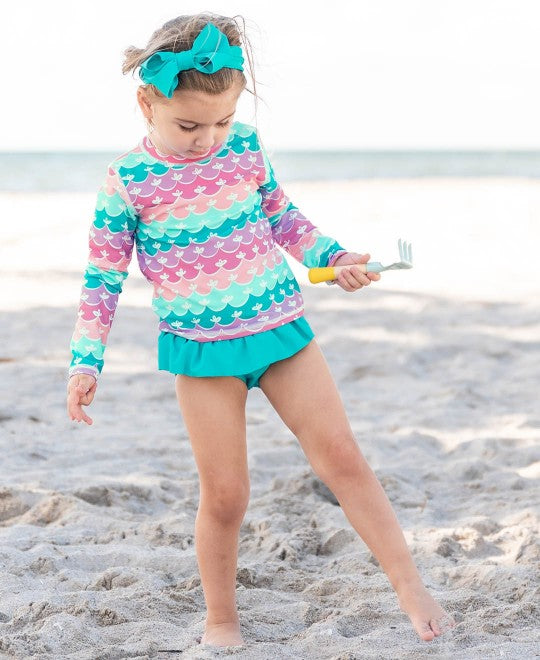 RuffleButts Mermaid Long Sleeve Rash Guard Ruffle Bikini