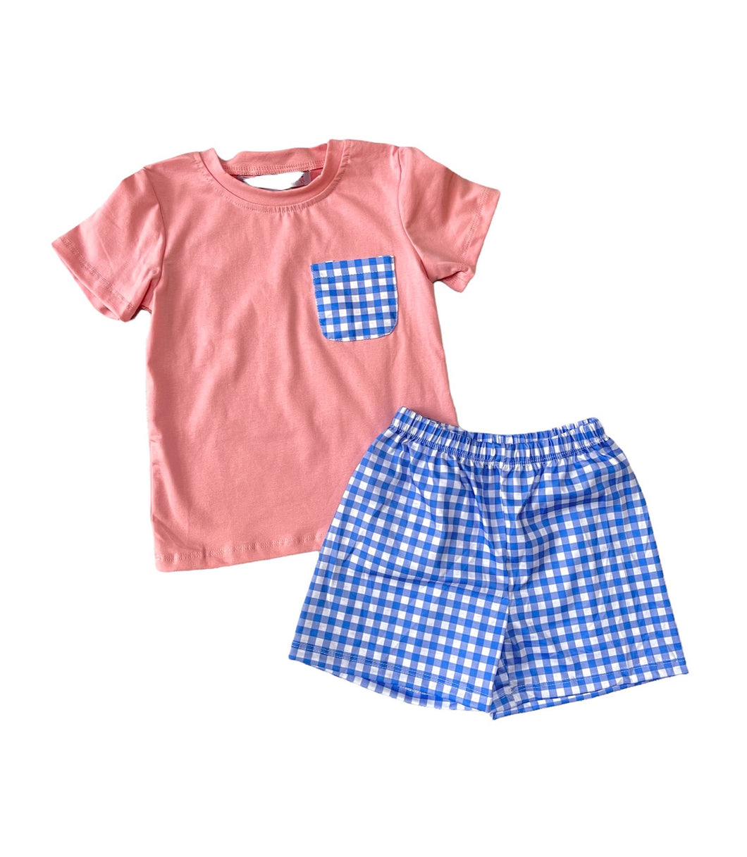 Boy's Blue Coral Plaid Shorts Set