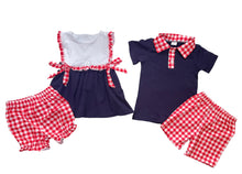 Load image into Gallery viewer, Navy Blue Red Plaid Girl&#39;s Shorts Set
