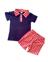 Load image into Gallery viewer, Navy Blue Red Plaid Boy&#39;s Shorts Set
