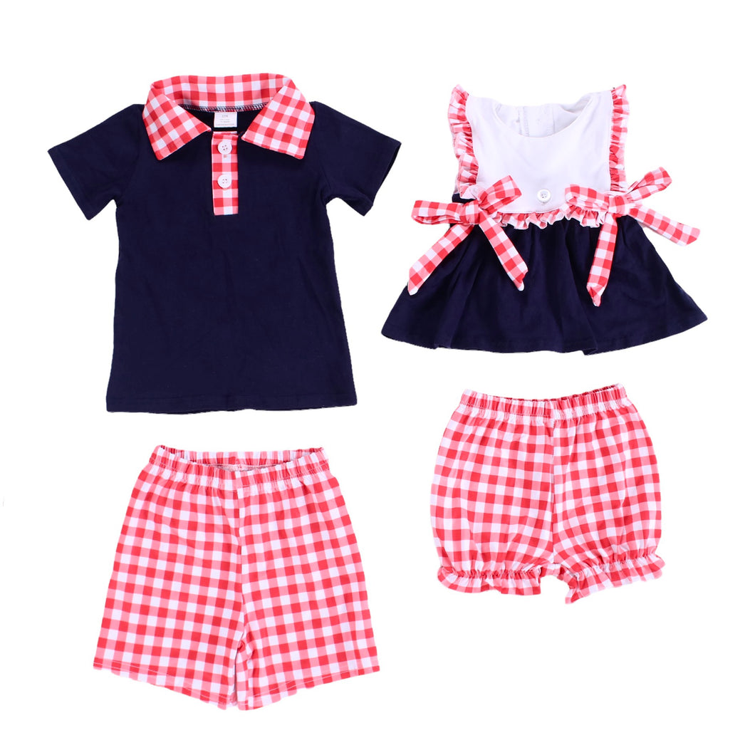 Navy Blue Red Plaid Girl's Shorts Set